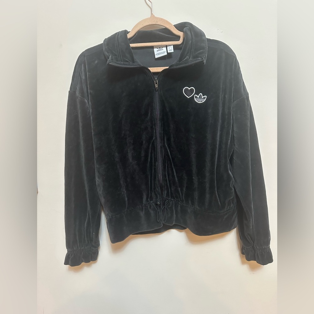 Adidas Originals Women Black Velour Zip Up Track Jacket Heart Trefoil Logo Small